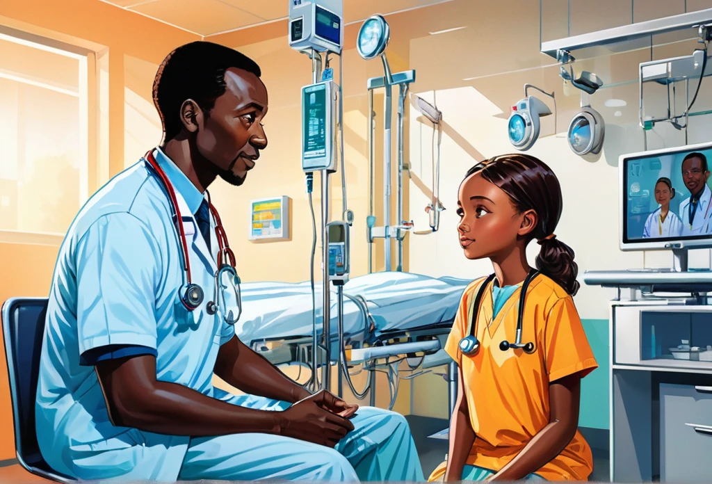 Inside a modern hospital, a male doctor (African) talking to a girl, (masterpiece best quality:1.2) delicate illustration ultra-detailed, detailed background, illustrations, bright, colourful,