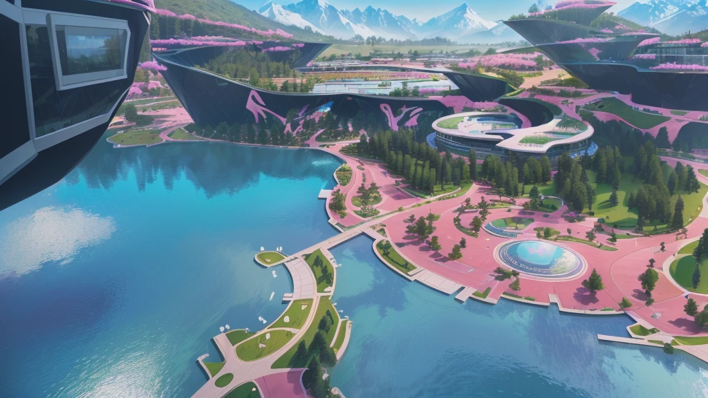 A modern park,Surrounded by high mountains,Multiple vegetation,There is green grass on it,And pink fantasy grass,There is a clear lake in the center,Modern style building,Surrounded by fantasy-style trees and plants。Realistic style,Real light,Authentic materials