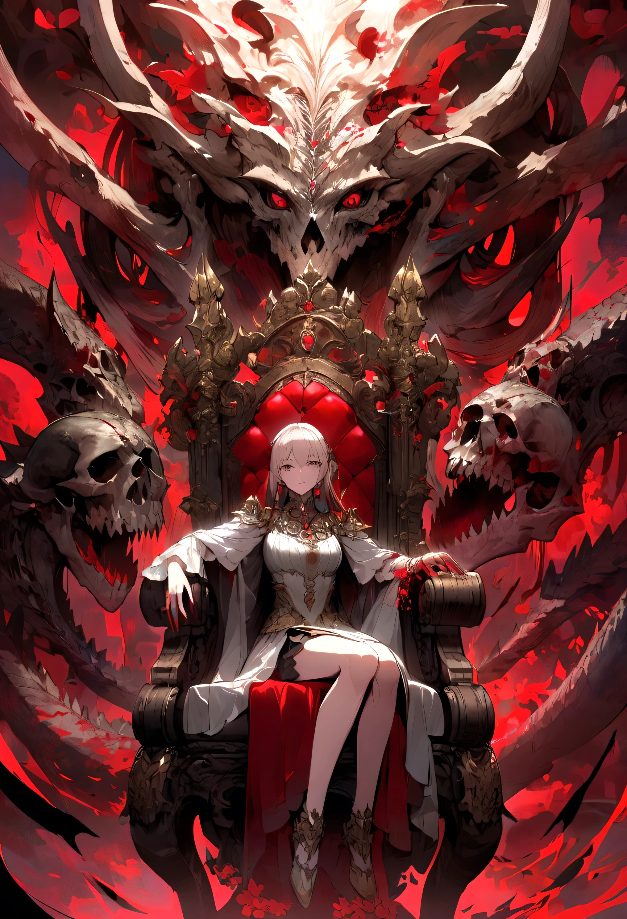 Vampire)((Gray hair))(fang)(red eyes eyes)(((Poor milk)))((chiquita))(Dressed in a fuchsia ta costume)(Childish)(Sinister smile)Obediently sat on the throne,listless,Ignorant and understanding,((The characters are very delicate))There is flesh and blood in the background,The feeling of the Meat Forest Wine Pool Tentacles stretch out from both sides of the throne,Behind him is a bloody red Cthulhu monster --auto