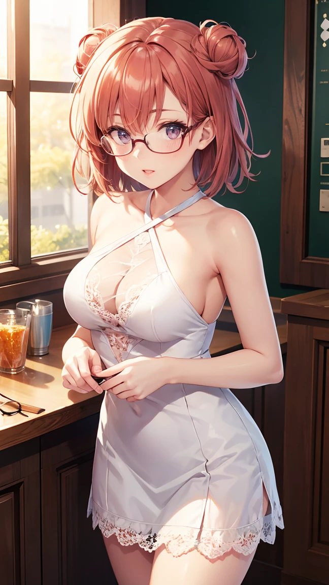 1girl, solo, masterpiece, best quality, high res, highly detailed, illustration, game cg, beatiful detailed eyes, yuigahama yui, single hair bun, glossy lips, light makeup, blush, hostess club, halter top dress, lace panties, looking at viewer, glasses