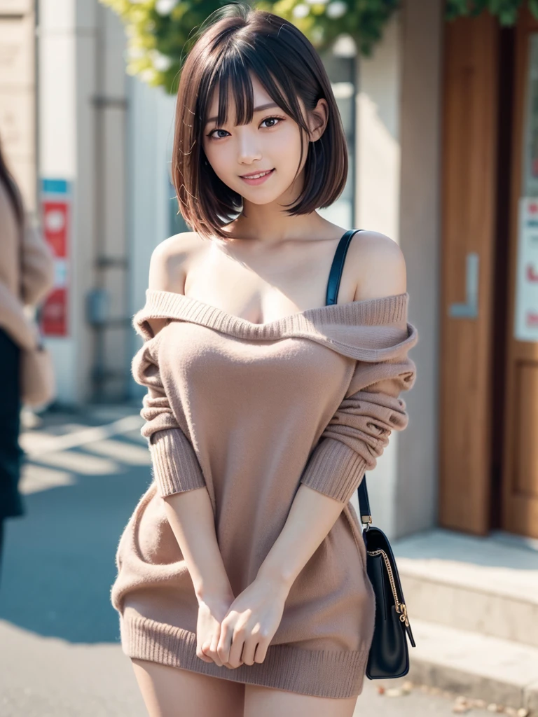 ((masterpiece)), ((best quality)), (ultra-detailed), ((extremely detailed)), 4K, (8K), best quality, (beautiful), realistic, real, cowboy shot,dynamic angle0, front view ,a Japanese young pretty girl , inside flower shop, daytime, the season is autumn, standing in front of a store with a big smile on his face, glamorous figure ,long bob hair ,1girl, solo, (Off-the-shoulder sweater), (checked mini skirt), (boots), (shoulder bag),((beautiful eyes)), large breast, a big smile, hyper cute face, glossy lips, double eyelids for both eyes, long eyelashes ,natural makeup, shiny smooth light brown hair of long bob hair, asymmetrical bangs, high resolution, high detail, detailed hairstyle, detailed face, cinematic lighting, octane rendering, hyper realistic, perfect limbs, perfect anatomy