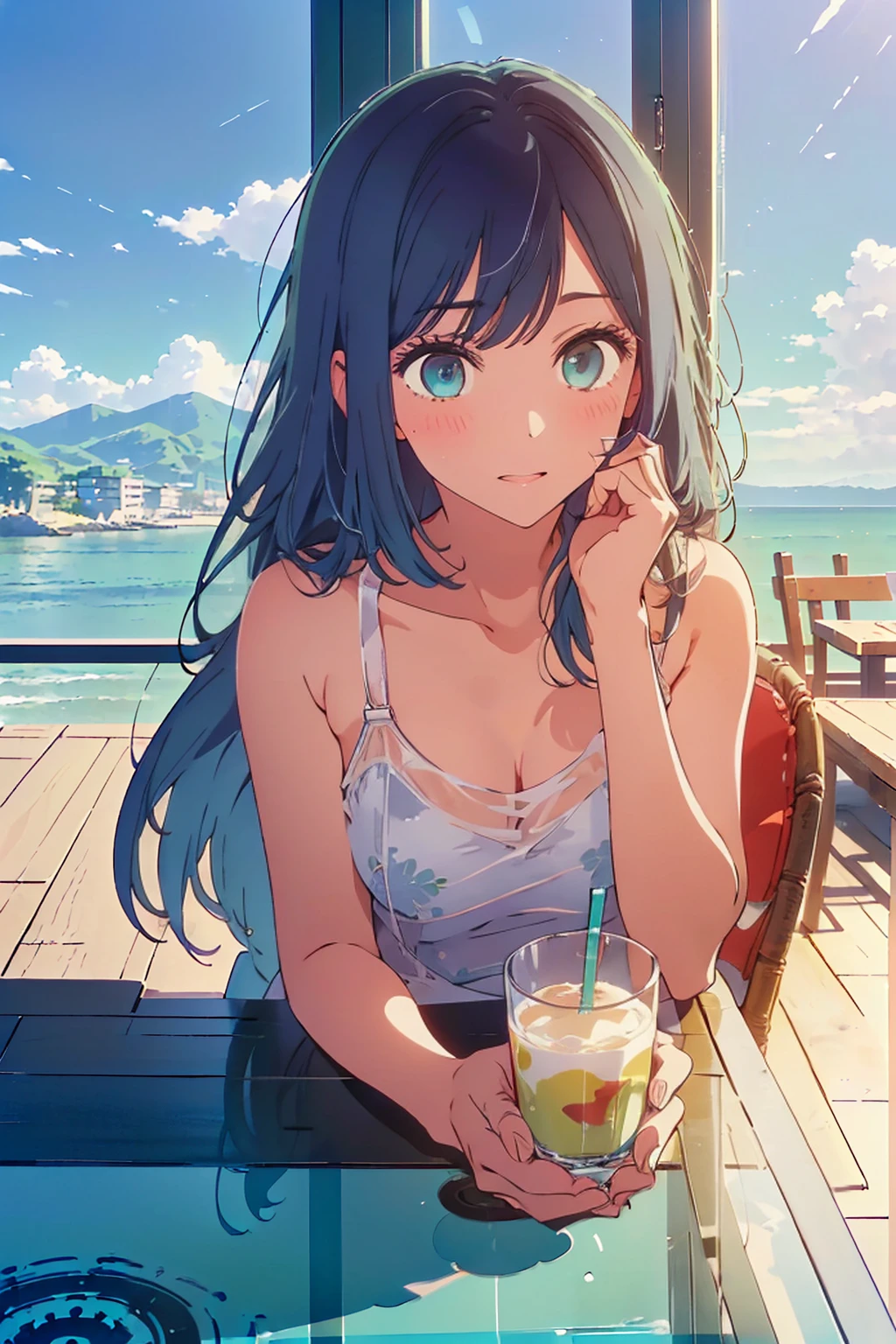 (Highest quality:1.4、masterpiece:1.4、Super detailed:1.4、Ultra-high resolution:1.4、8K:1.4)、F cup bust、Big Breasts、Slim body、((((1 person、Surprised expression、sit、Chair、In the background are the urban buildings of Tokyo、looking at the camera、Outdoor café terrace、coastal、juice、Shooting up close、table、Very cute face))))、(Pose with hands tucked behind ears:1.4、Cheek resting on hand:1.4）、((nude、very beautiful areola、camisole、Seamless see-through top))、Very blue sky、A completely cloudless sky、Big eyes