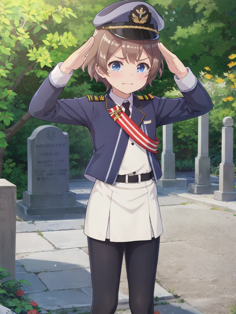 Highest quality,masterpiece,12 years old,serious,(Close your mouth),blue eyes,Outdoor,Grave,Graveの前,1つのGraveに向かい合う,Are standing,Lens flare,Flower storm,Brown Hair, short hair, Navy uniform,, (Raise your left hand,45 degree salute,Be careful with your right hand),Navy uniform cap,tears ,from behind