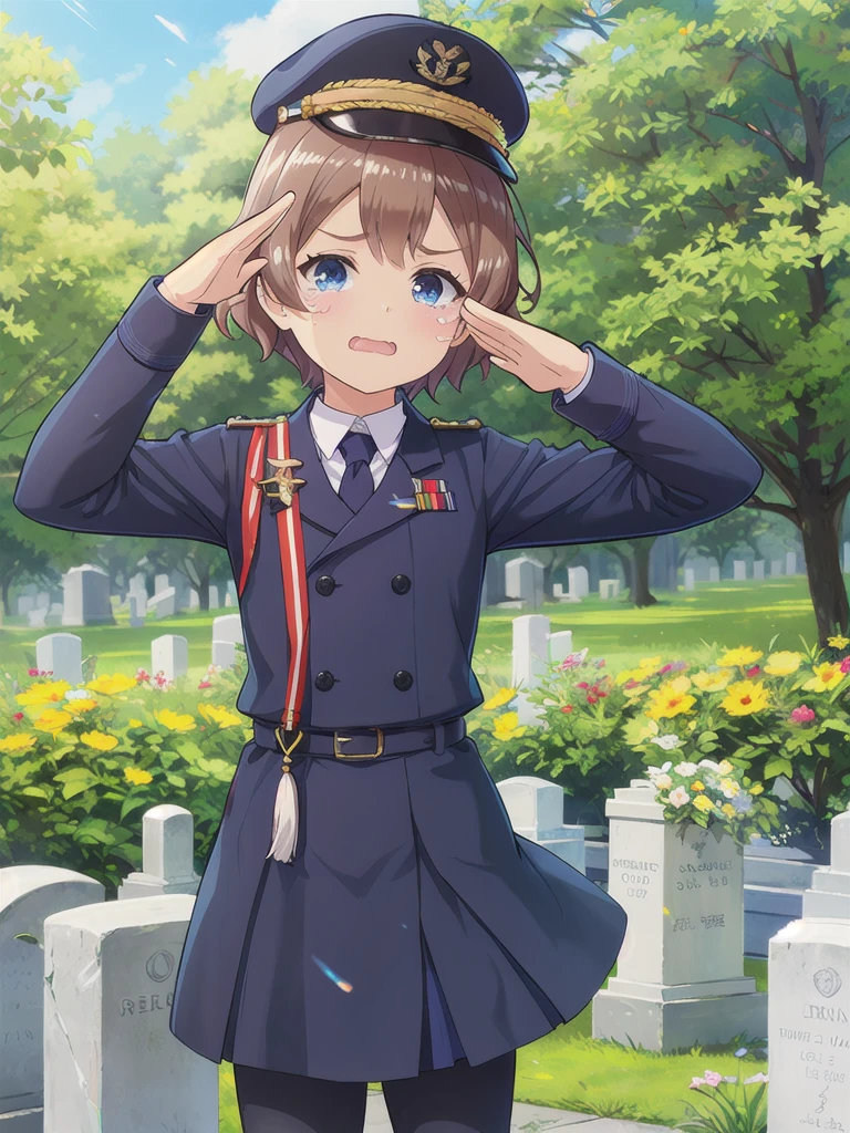 Highest quality,masterpiece,************,serious,(Close your mouth),blue eyes,Outdoor,Grave,Graveの前,1つのGraveに向かい合う,Are standing,Lens flare,Flower storm,Brown Hair, short hair, Navy uniform,, (Raise your left hand,45 degree salute,Be careful with your right hand),Navy uniform cap,tears ,from behind　