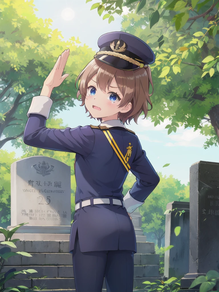 Highest quality,masterpiece,,serious,(Close your mouth),blue eyes,Outdoor,Grave,Graveの前,1つのGraveに向かい合う,Are standing,Lens flare,Flower storm,Brown Hair, short hair, Navy uniform,, (Raise your left hand,45 degree salute,Be careful with your right hand),Navy uniform cap,tears ,from behind