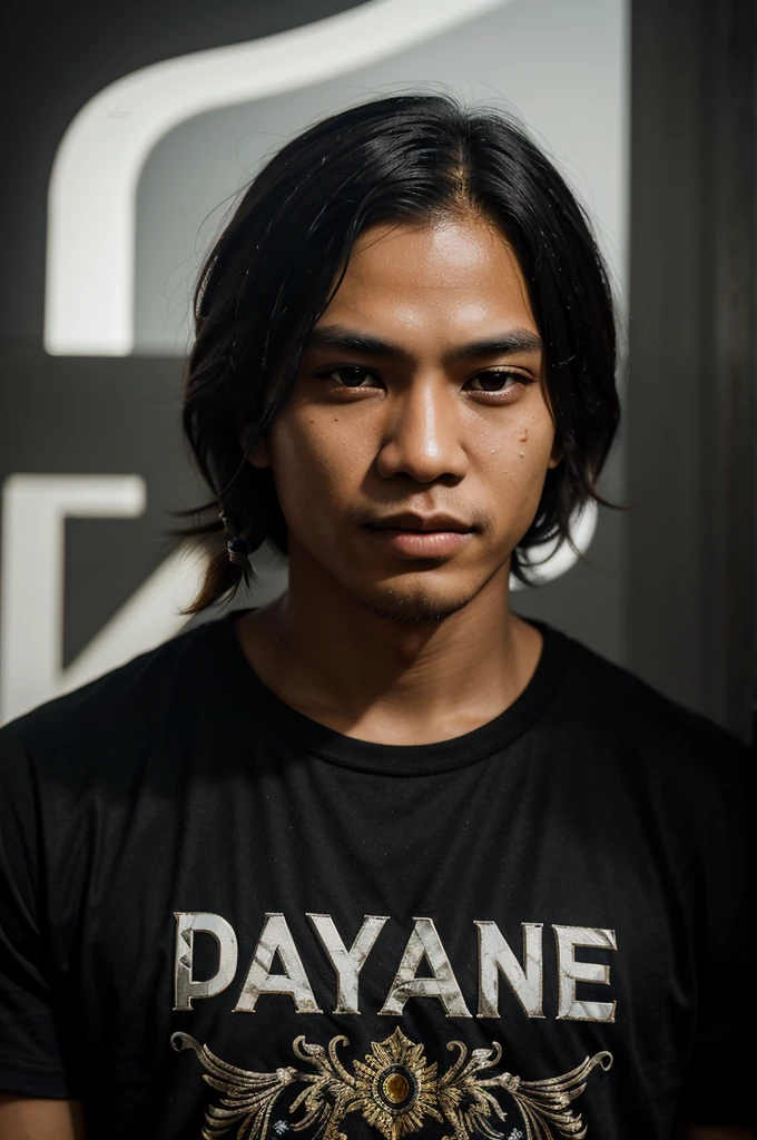 close up An Indonesian young man with very short, dreadlock hair with very detailed eyes, wearing a T-shirt design, next to the young man there is the writing "Dayat" typography which is clearly legible, on a black background. Highly detailed artistic artwork, highly detailed faces with natural skin textures, color splash art, and glamour, shimmer. appearance with shadows. cinematic character rendering, and ultra-high quality models.