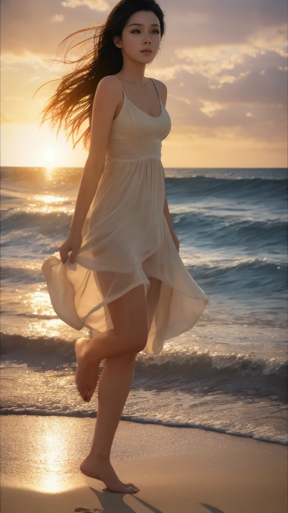 Full Body Shot、Tropical sandy beach、(masterpiece、8K、RAW Photos、wonderful、最high quality、Very detailedな CG 統合 8K 壁紙、high quality、Very detailed、narrative poem、Depth of written boundary、Cinematic Light、Lens flare)、Black-haired、Beautiful Face、True Face、Beautiful details、eye、Beautiful Skin)、髪がWindで踊る、Hair flutters in Wind、Hair bounces、wonderful景色、Morning Glow、Sun in the background、Wind、