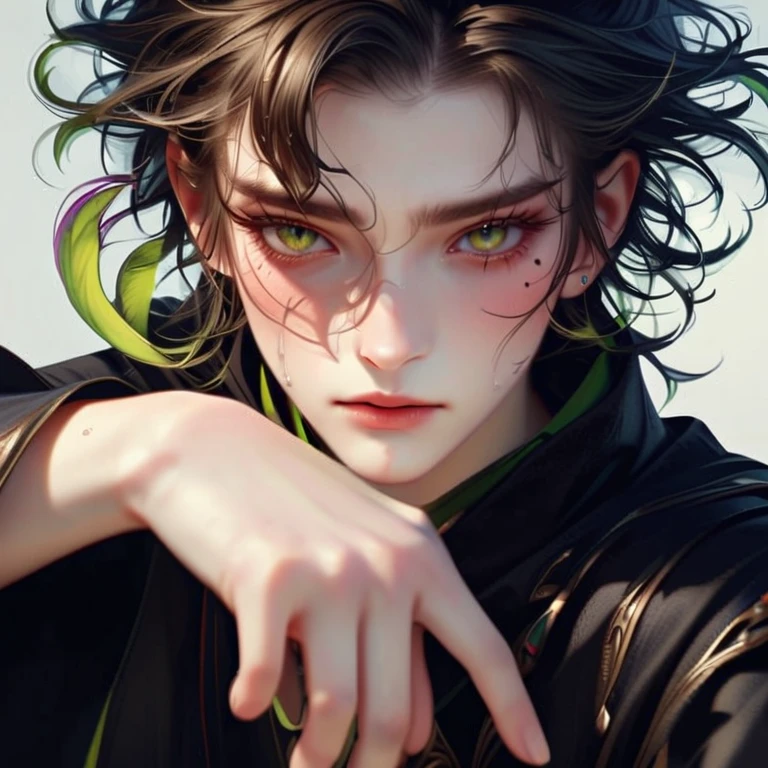 Style 3,boy,A tearful mole under the right eye,green eyes,white center part hair,cat eyes,wizard,wearing a black robe