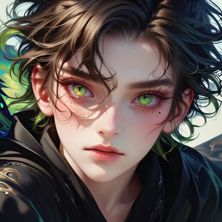 Style 3,boy,A tearful mole under the right eye,green eyes,white center part hair,cat eyes,wizard,wearing a black robe