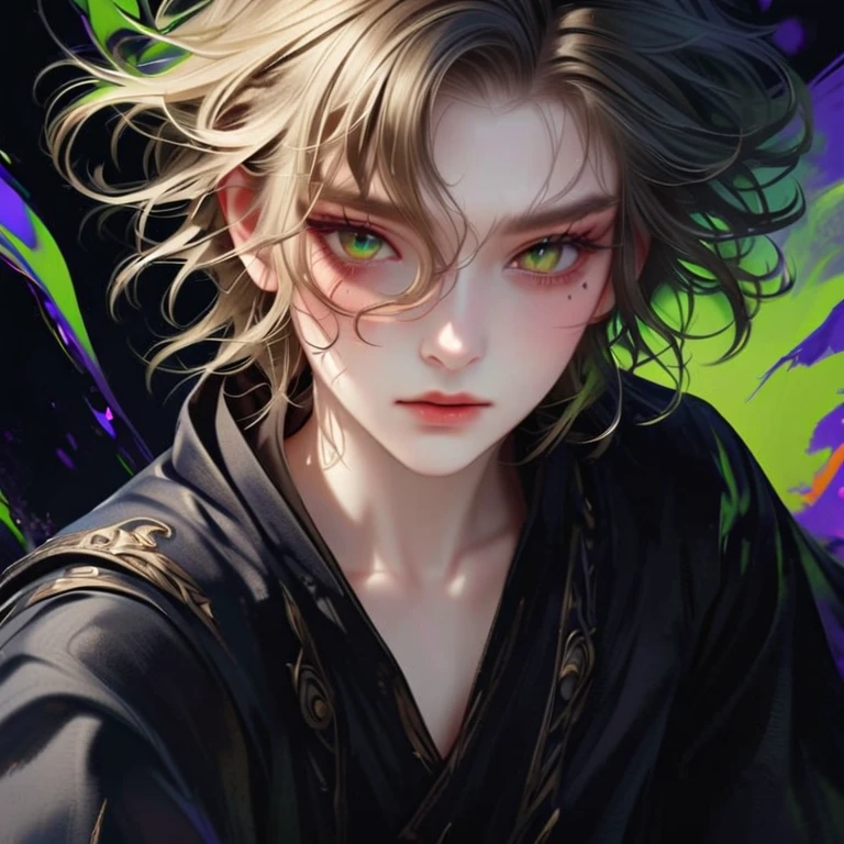 Style 3,boy,A tearful mole under the right eye,green eyes,white center part hair,cat eyes,wizard,wearing a black robe