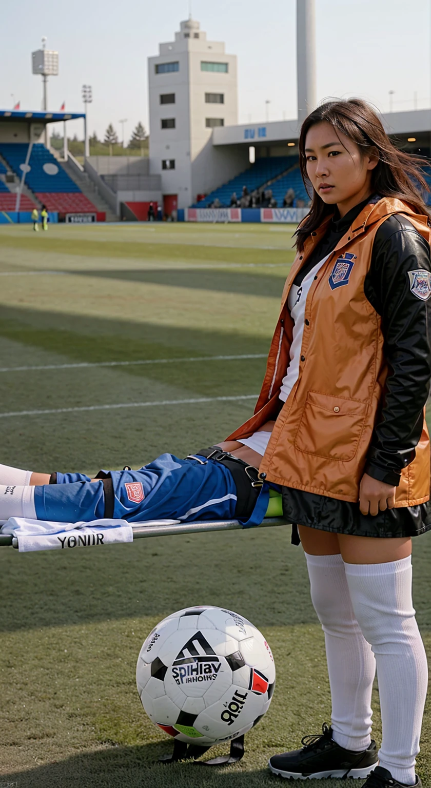 a male soccer player lying injured on a stretcher with his head to the right while being carried to the left by the girl on the photo, an injured soccer player is lying on a stretcher, A scene at a soccer stadium in Mongolia, There is an attractive and heavily made-up Mongolian female police officer in a long black leather coat, A Mongolian female police officer in a shiny black leather coat on a soccer field, A Mongolian female police officer is holding a stretcher, A man is lying on the soccer stadium his back with his torso on the right in matt and roughened white and red sportswear on a stretcher, a man lies on a stretcher and has his left arm bent over his face, we only see the torso and thighs of the male athlete who is being carried with the stretcher to the left off the picture, the man lies on his back on the stretcher and covers his face with his bent left arm, the mongolian policewoman is exceptionally heavily made up and has an extremely desperate and very angry expression on her face, high-resolution photo, realistic sports photo, soccer scene, mongolia, mongolian policewoman, uniformed woman in black shiny long leather coat, injury scene, real photo, ultra realistic, high definition, sports photography