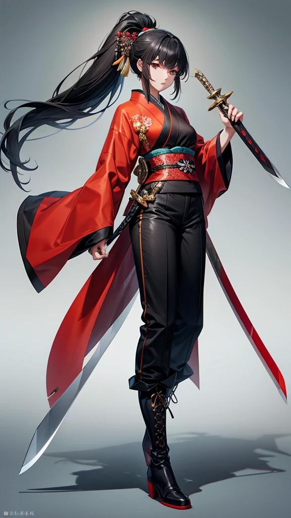 Beauty with black hair and long ponytail，Bare arms，kimono，trousers，boots，Long sword，Chinese cities