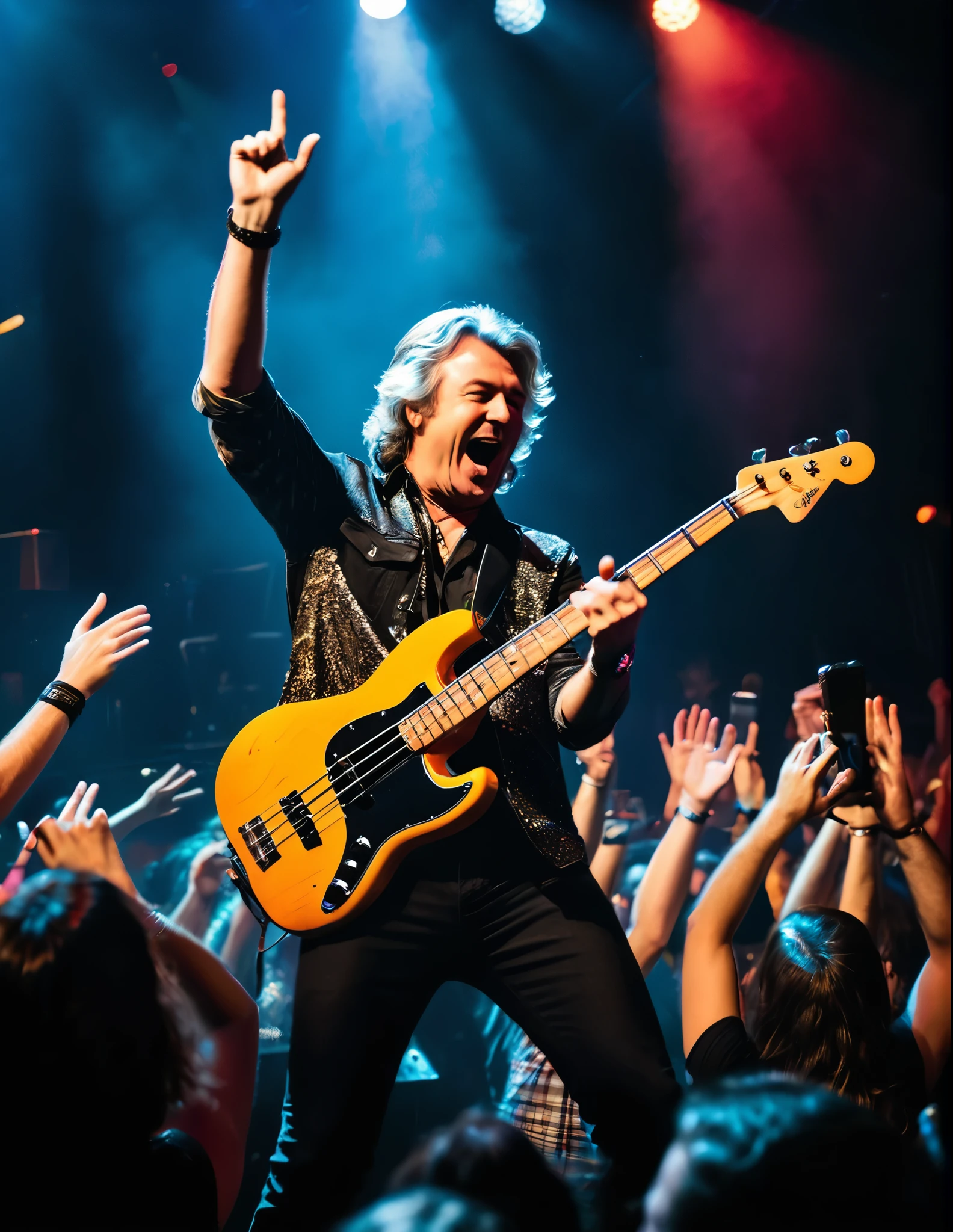 James May, dressed in a classic rock-inspired outfit, plays bass guitar on stage during a high-energy performance. The setting is a dimly lit, crowded rock club with a retro aesthetic. James is centered in the frame, his bass guitar at the ready. The background is filled with a sea of enthusiastic fans, all cheering and waving their hands in the air. The lighting is dramatic, with spotlights highlighting James's energetic pose. The overall mood is electric and lively, capturing the excitement of a live rock concert.