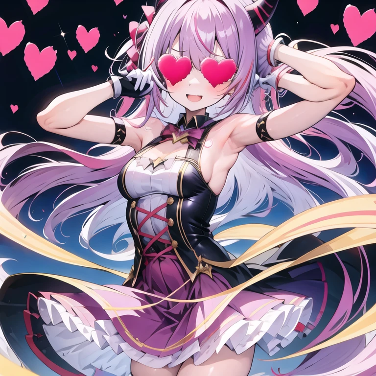 Succubus Pose with your hands on your chest I'm handcuffed I have handcuffs on my legs too......... A dress filled with hearts Pink heart symbol seductive body attractive appearance heart background dark background Eroi body kiss face cute face age girl angle from below big and full breasts Two heads in one body Has 4 arms Arm outstretched pose