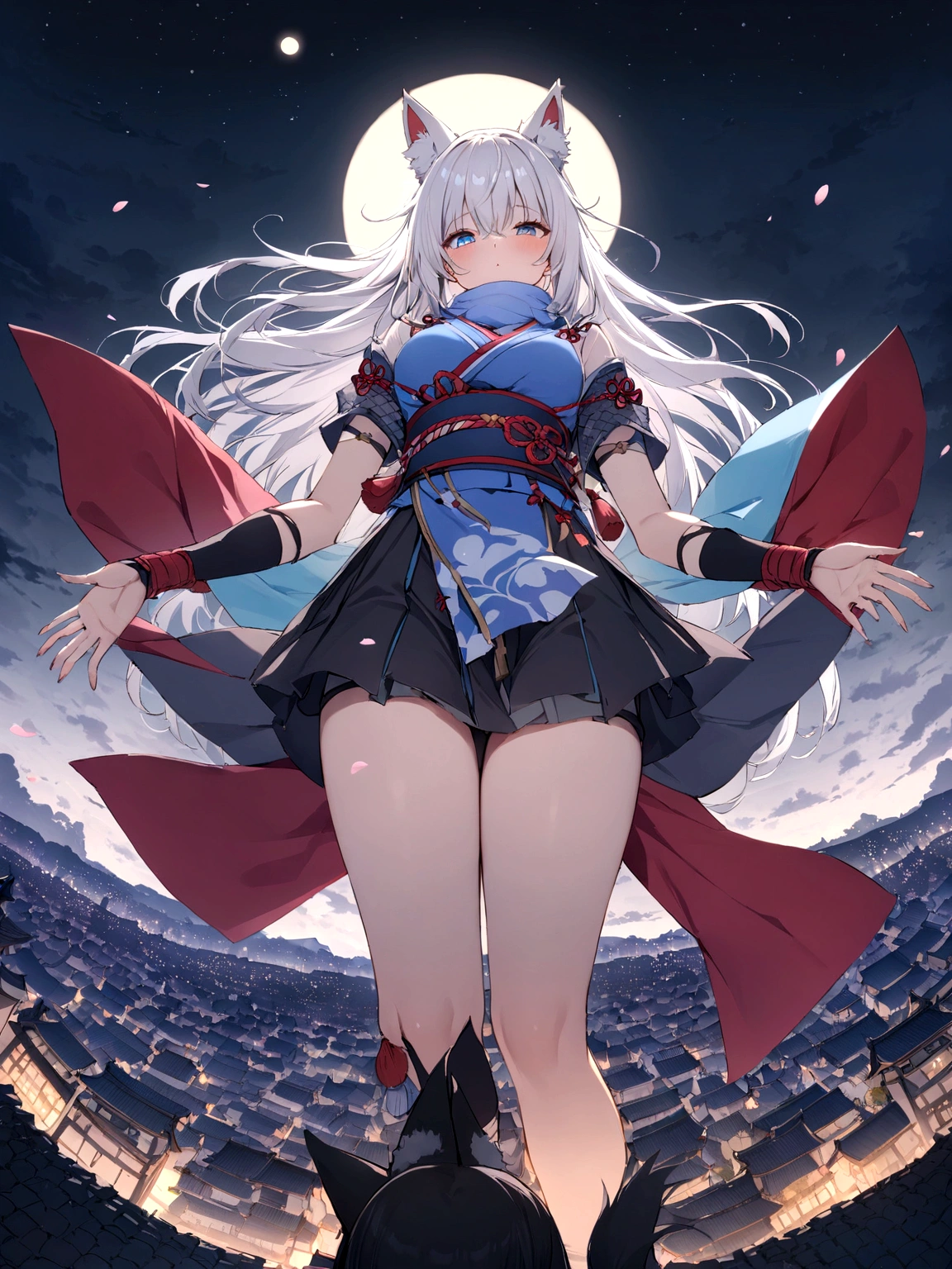 On top of the castle、Looking down from the castle tower、gauntlet、Throwing Shuriken、insert、Asahi、A magnificent view of the city from the treetops、(masterpiece, best quality:1.2), 1girl, 独奏,Wolf girl, fox mask, ninja, girl, long white hair, odd eyes, blue kimono, ninja girl, red and blue scarf,Dancing Cherry Blossoms,Full moon backlighting, light coming in, fantastic atmosphere.night、Shadows of light and darkness、Eyes glowing in the dark、Black fox mask、Fisheye Lens、Expansive starry sky、long hair that spreads、Overlooking the city from atop a large cherry tree、Aside exposure