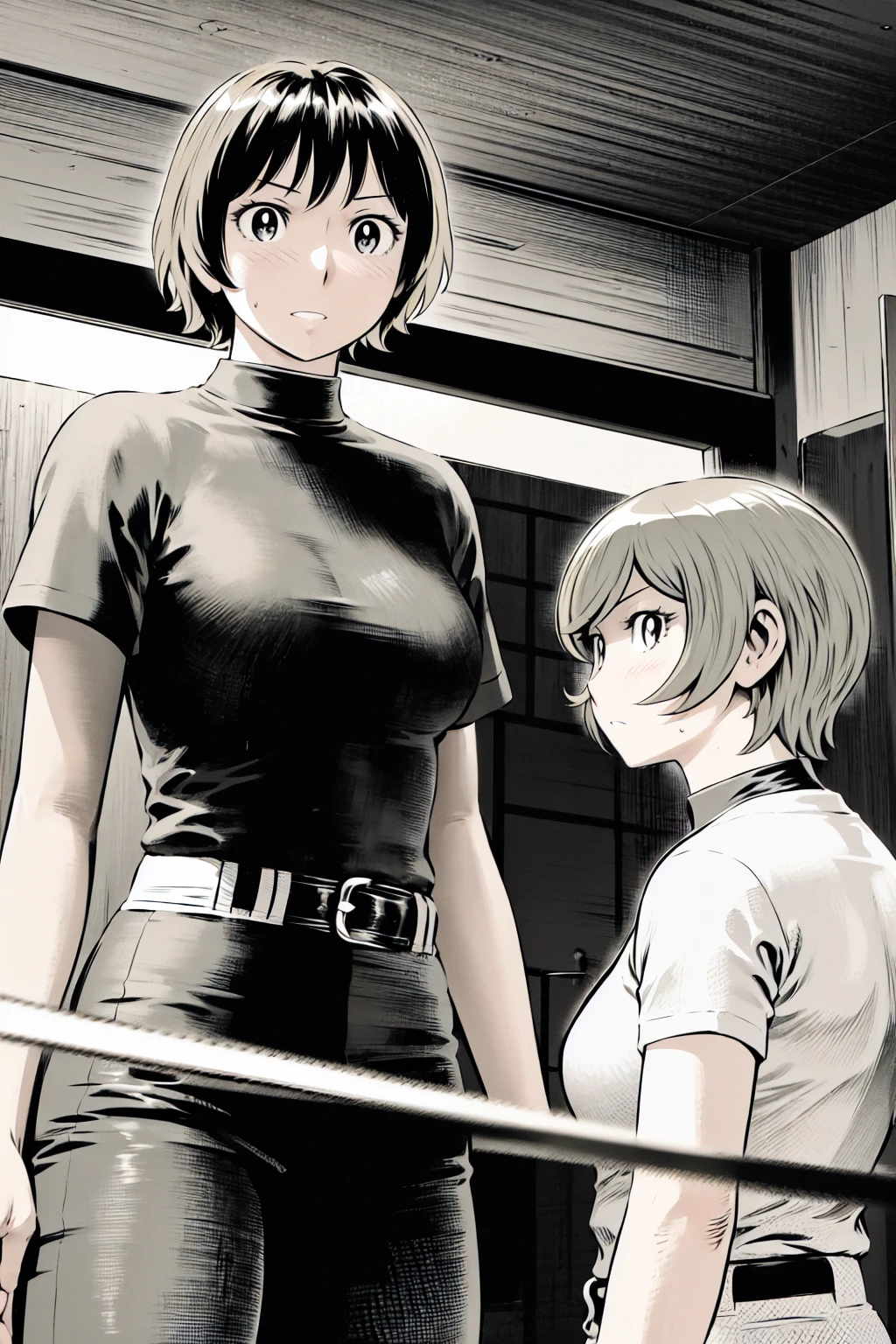 、(masterpiece、Highest quality)、Highest quality, Ultra-high resolution, (((masterpiece))), alone, Sweat、Big eyes,Tight black shirt、Tight white pants、belt、indoor、Composition from the front、(Cut the back hair short、short hair、blonde、woman)、Shortcuts、Embarrassed face、Cut your hair short、可愛いwomanの子、Big Breasts、Inside the room、Full Color、Baseball uniform