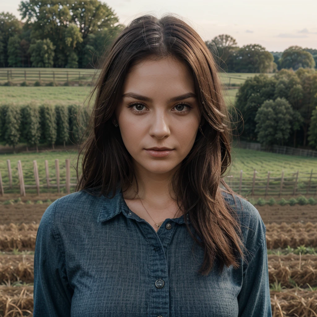 1girl in, 30 years old, Square face, Long hair, Looking at viewer, jewelry, Realistic, Sexy, farm outfit, farm background, free upper body pose