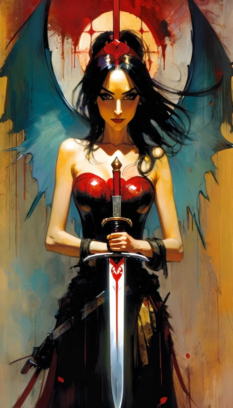 icon with a heart, a sword and blood (art inspired by Bill Sienkiewicz). oil painting)