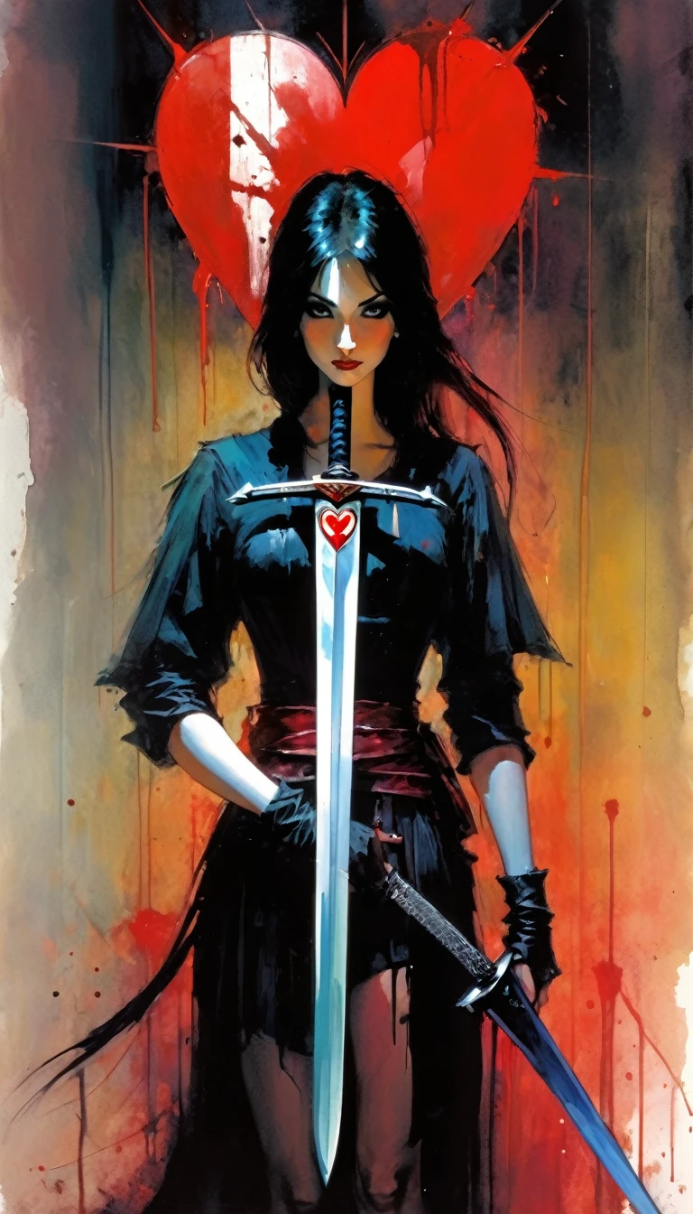 icon with a heart, a sword and blood (art inspired by Bill Sienkiewicz). oil painting)