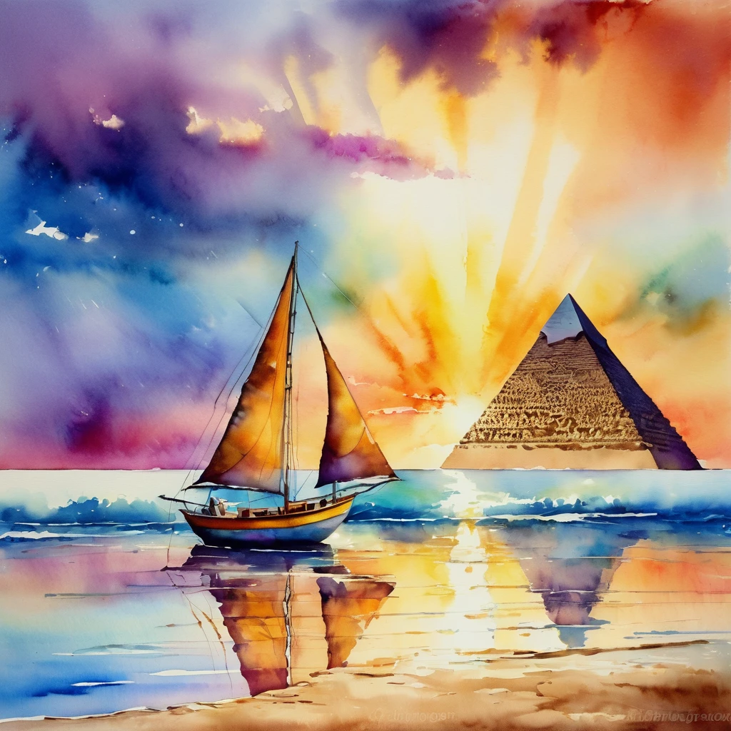 watercolor sunset, high tide, golden sand, Calm Sea, colorful clouds, rays of light penetrating the clouds, in the reflection of light in the water, the sailing boat is a fish, the sea shines with vivid colors. Vibrant, comely, pictorial, detailded, textural, artistic On the beach, the Egyptian pyramids appear