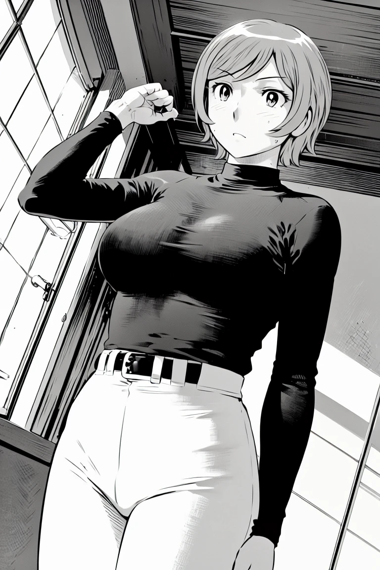 、(masterpiece、Highest quality)、Highest quality, Ultra-high resolution, (((masterpiece))), alone, Sweat、Big eyes,Tight black shirt、Tight white pants、belt、indoor、Composition from the front、（Cut the back hair short、short hair、blonde、woman）、Shortcuts、Embarrassed face、Cut your hair short、可愛いwomanの子、Big Breasts、Inside the room、Full Color、Baseball uniform