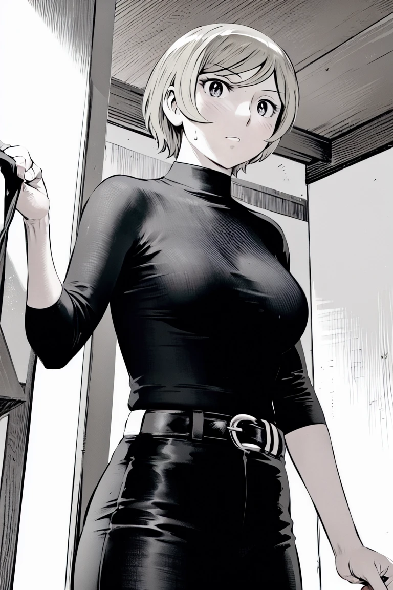 、(masterpiece、Highest quality)、Highest quality, Ultra-high resolution, (((masterpiece))), alone, Sweat、Big eyes,Tight black shirt、Tight white pants、belt、indoor、Composition from the front、(Cut the back hair short、short hair、blonde、woman)、Shortcuts、Embarrassed face、Cut your hair short、可愛いwomanの子、Big Breasts、Inside the room、Full Color、Baseball uniform