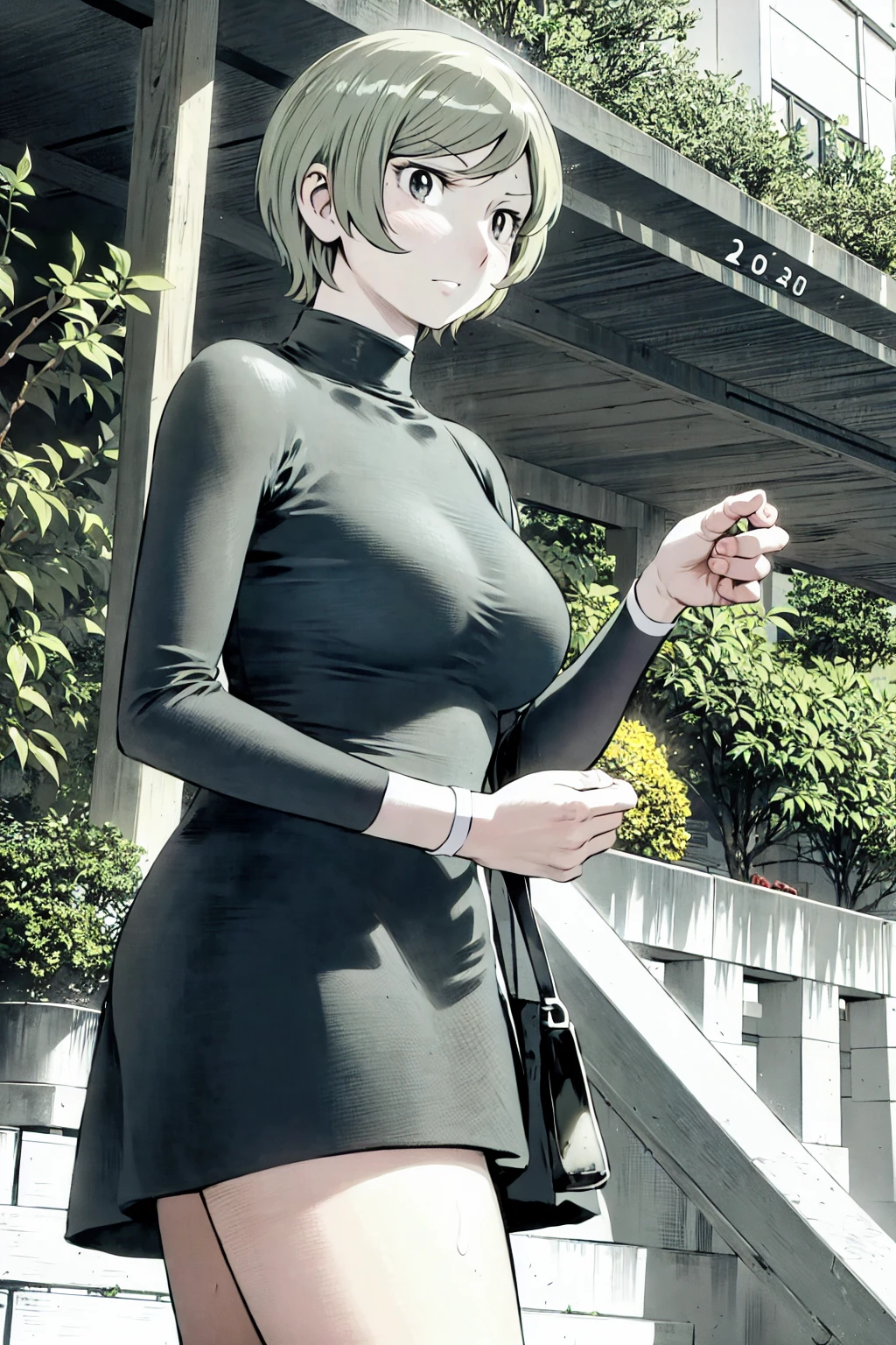 、(masterpiece、Highest quality)、Highest quality, Ultra-high resolution, (((masterpiece))), alone, Sweat、Big eyes, Please show me your armpits, No sleeve、Outdoor、Floral dress、Composition from the front、(Cut the back hair short、short hair、blonde、woman)、Shortcuts、Embarrassed face、Cut your hair short、可愛いwomanの子、Big Breasts