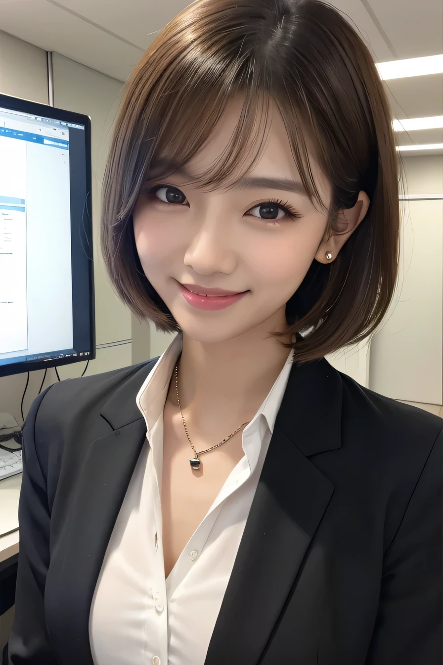 Beautiful young woman、 Light brown hair、、Work in front of the computer、Necklace around the neck、Office Lady Suits、Jacket、Unbuttoned shirt、Flashy makeup、smile、Beautiful teeth alignment、short hair、Intricate details, Very detailed:1.2), 、 Looking into the camera,The background is the office、Necklace around the neck、Dark eyeliner、ear piercing
