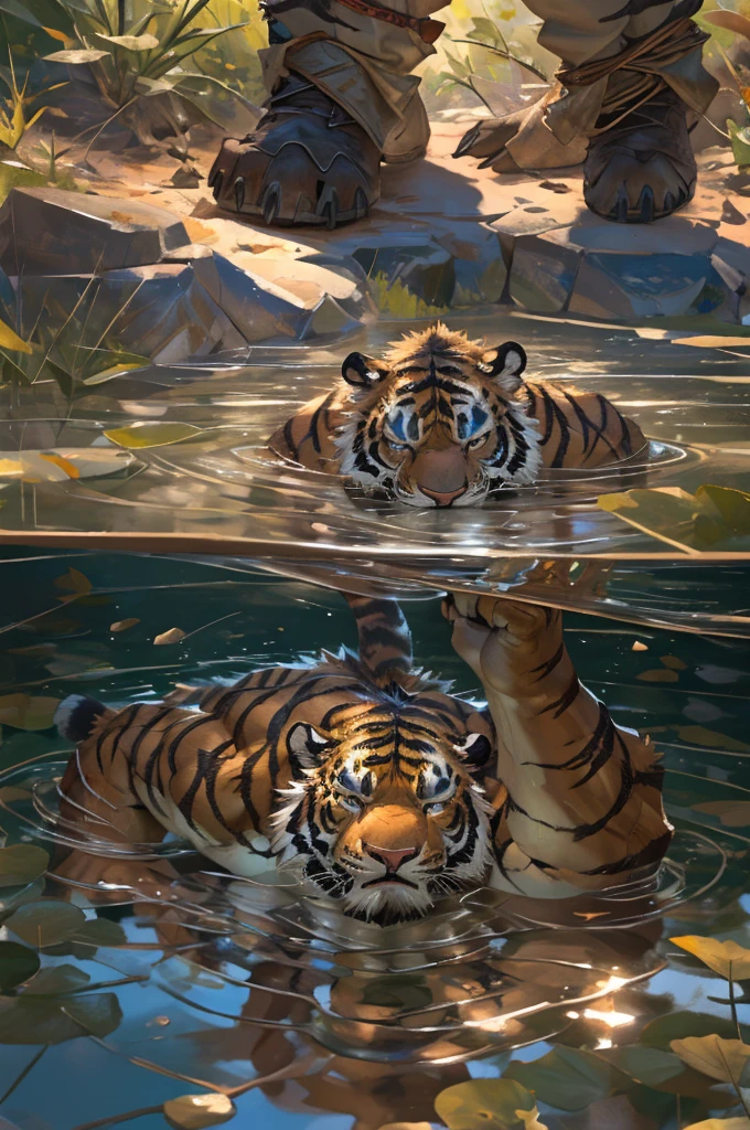 By Taran fiddler, bara, solo, tiger, stumbling back, naked, flaccid penis, wet body, fallen on his back,in a lake, dynamic angle, close up