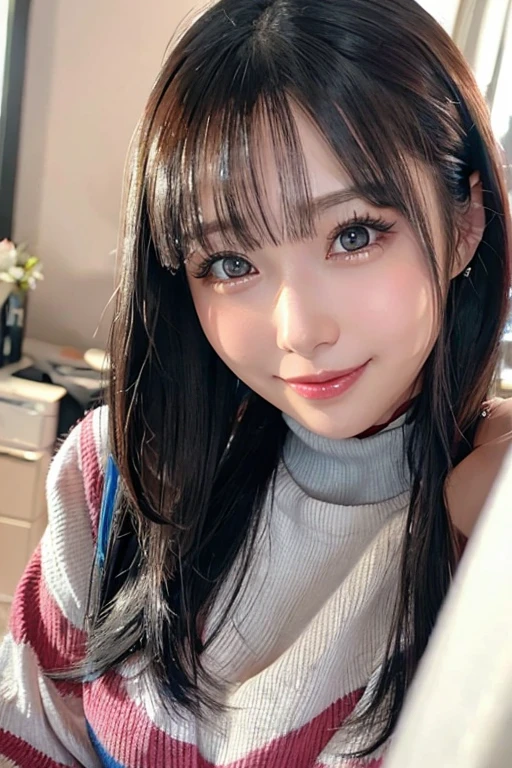 ((Photo of Pretty Japanese girl with super colossal breast)), 18 years old, ((wearing the knit sweater)), ((top-quality, master piece, ultra-definition)), ((high resolution photo:1.2)), kawaii, cute, s, only one person, Black hair, beautiful hair, Beautiful eyes, ((super gigantic breast:1.3)), cleavage of the breasts, ((breast on the table)), breast rest, big smile, enjoyed, laughing, ultra-detailed face, detailed lips, detailed eyes, double eyelid, look at viewer, in the room