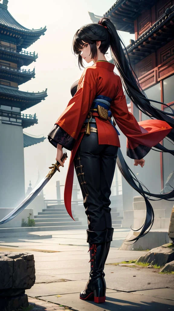 Beauty with black hair and long ponytail,Bare arms,kimono,trousers,boots,Long sword,Chinese cities