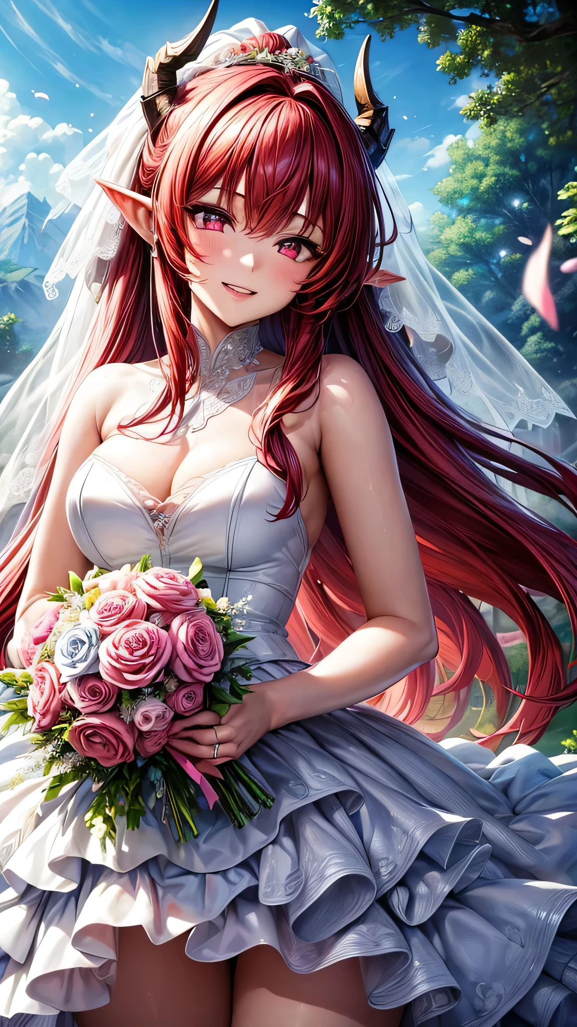 (masterpiece, top quality, best quality, official art, beautiful and aesthetic:1.2), (1girl:1.3), extremely detailed, official artstyle, highest detailed, parted lips,wallpaper, pink eyes, long hair, beautiful red hair, ponytail hairstyle, elf ears, horns, black horns, bangs, (happiness, beautiful smile, happy expression, happy face), ((Wedding dress, chies, Bridal veil, Wedding, Bouquet)),(cowboy shot), holding a flower, cowboy shot