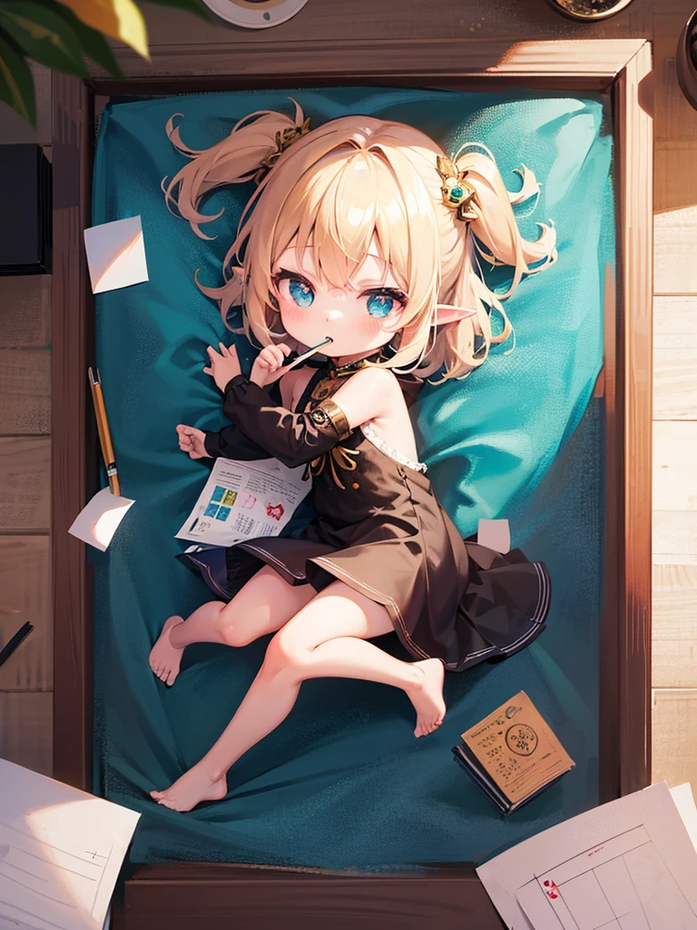 high resolution、8k Ultra HD、((One Girl))、((chibi style))、A little elf girl is holding a piece of paper with a picture on it。On paper、The pencil drawings of Shinjuku&#39;s buildings were extremely detailed and accurate.。