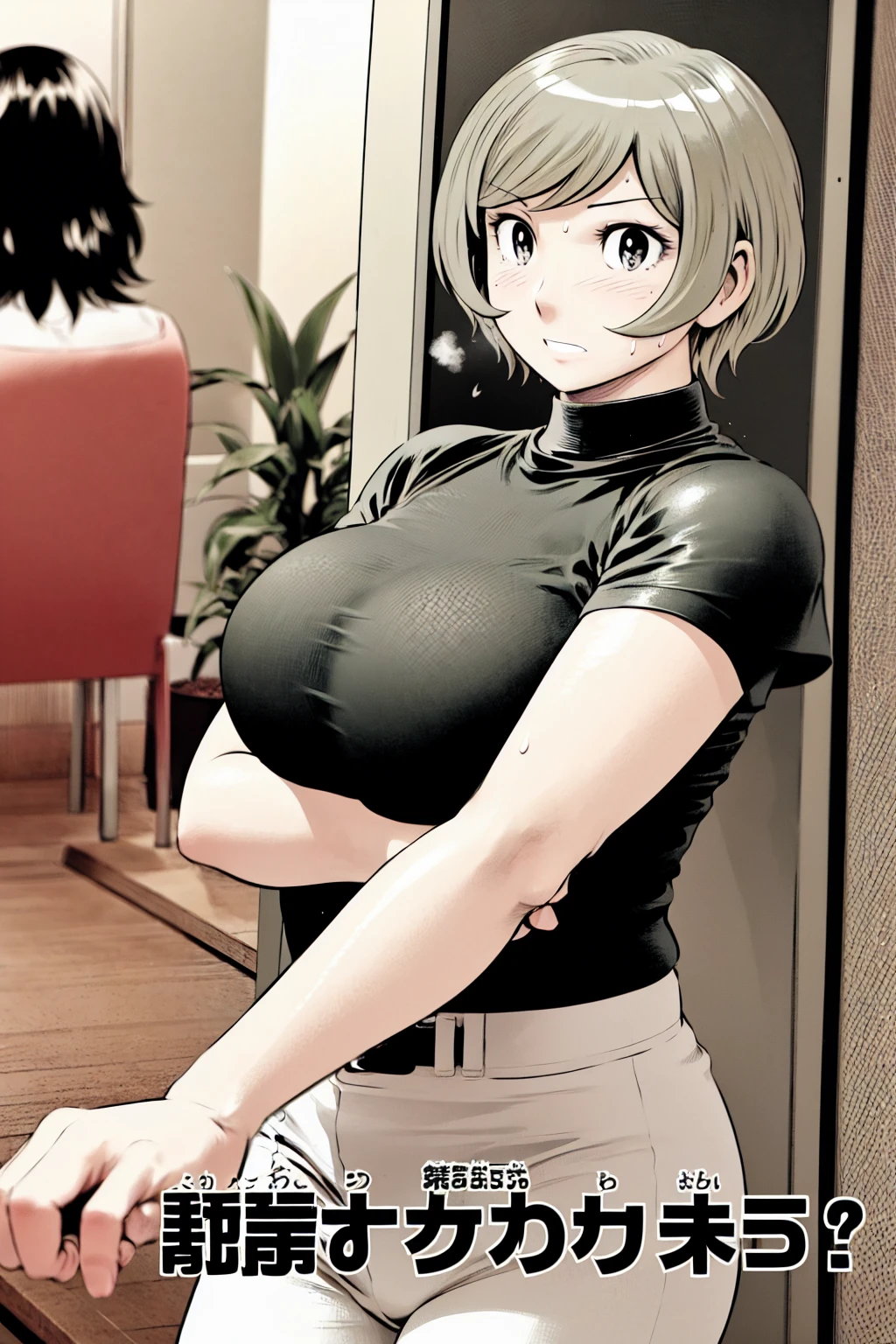 、(masterpiece、Highest quality)、Highest quality, Ultra-high resolution, (((masterpiece))), alone, Sweat、Big eyes,Tight black shirt、Tight white pants、belt、indoor、Composition from the front、(Cut the back hair short、short hair、blonde、woman)、Shortcuts、Embarrassed face、Cut your hair short、可愛いwomanの子、Big Breasts、Inside the room、Full Color、Baseball uniform