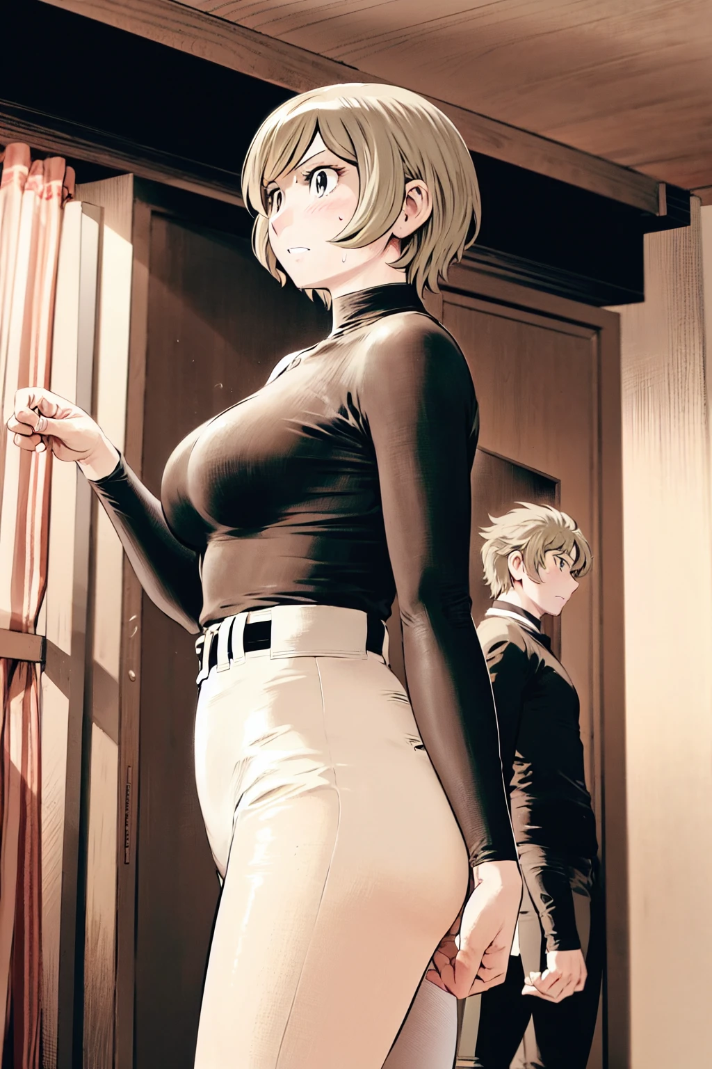 、(masterpiece、Highest quality)、Highest quality, Ultra-high resolution, (((masterpiece))), alone, Sweat、Big eyes,Tight black shirt、Tight white pants、belt、indoor、Composition from the front、(Cut the back hair short、short hair、blonde、woman)、Shortcuts、Embarrassed face、Cut your hair short、可愛いwomanの子、Big Breasts、Inside the room、Full Color、Baseball uniform