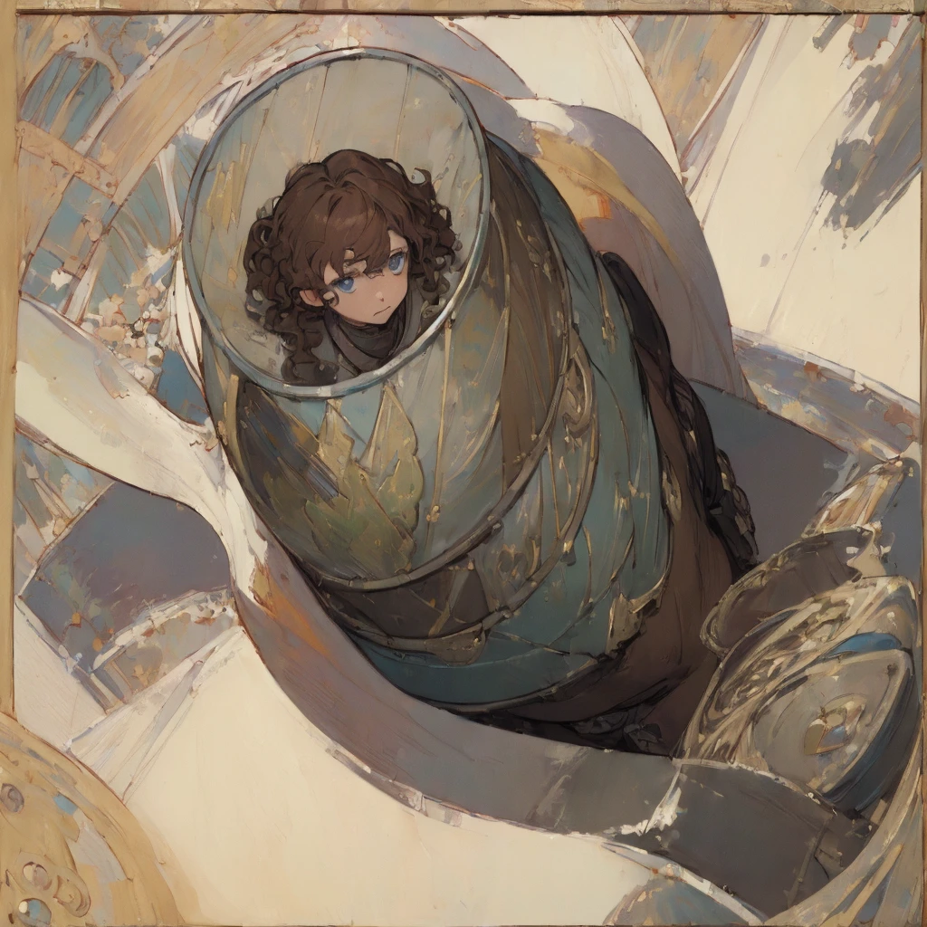 (solo), (masterpiece:2), (high quality), (high detail), (anime:1.25), (boy, man), cute, fantasy, medieval, (brown hair, wavy, thick), (blue eyes ), (in semi-steel armor), (top view)