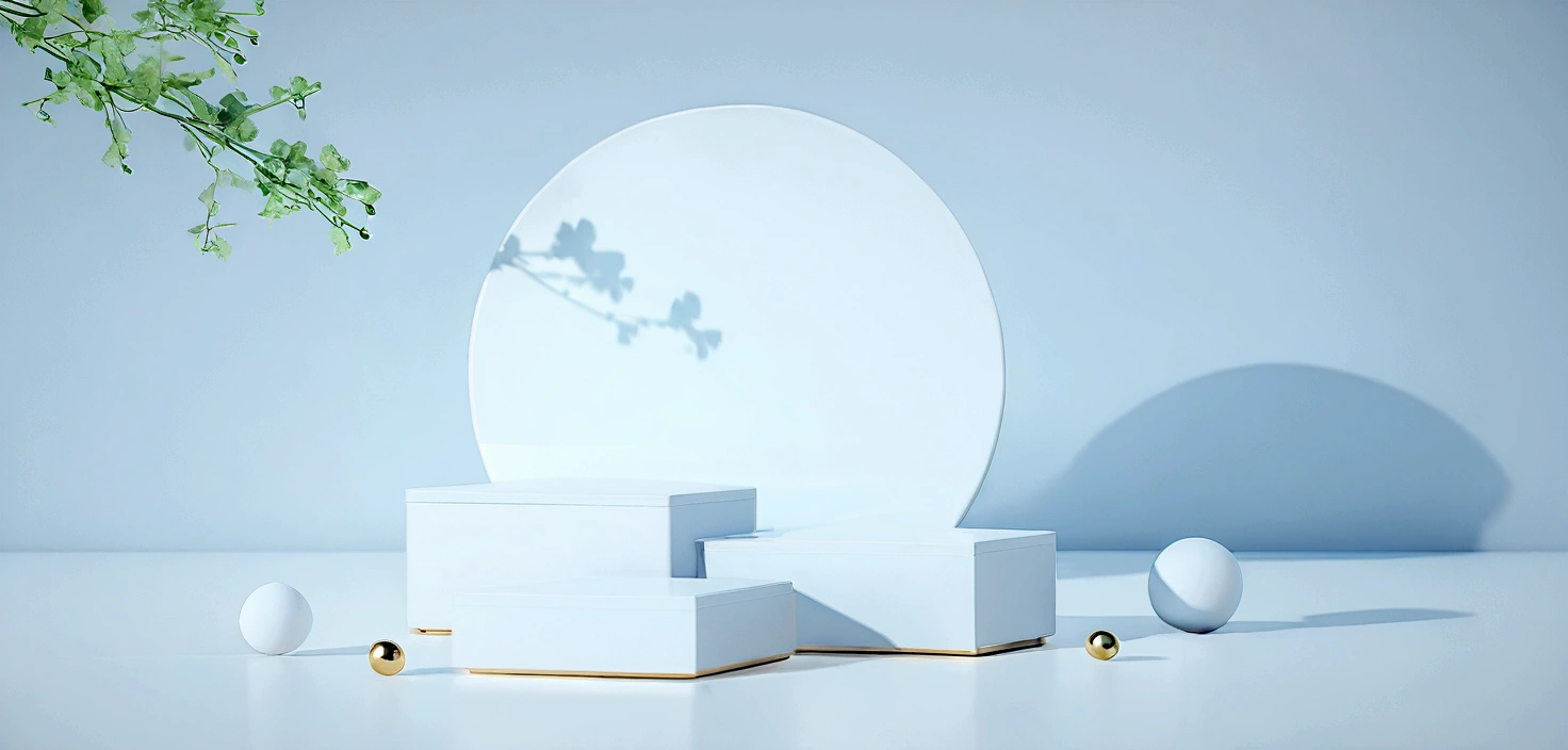 There is a white base，There is a mirror and eggs on it, Clean 3D Rendering, Geometric 3d rendering, Geometric 3d rendering, 3D rendering style, 3D white shiny thick, Best selection on Adobe Stock, blue逼真的 3D 渲染, 白色和淡blue toned, blue、White and Gold, 白色和淡blue