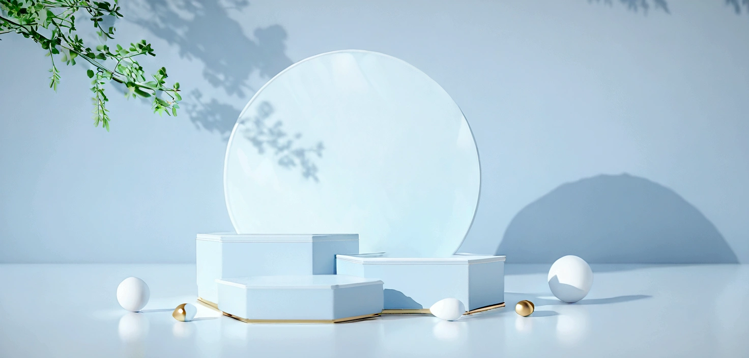 There is a white base，There is a mirror and eggs on it, Clean 3D Rendering, Geometric 3d rendering, Geometric 3d rendering, 3D rendering style, 3D white shiny thick, Best selection on Adobe Stock, blue逼真的 3D 渲染, 白色和淡blue toned, blue、White and Gold, 白色和淡blue