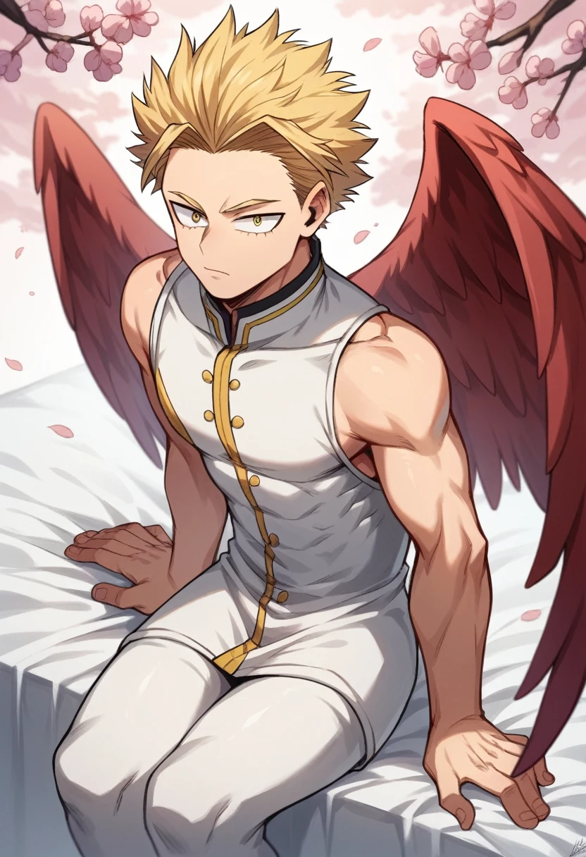 only, boy blonde hair slicked back, some front strands, gold eyes, white sleeveless long collar thigh-length shirt dress, long stockings above the knees , red wings on his back, sitting on his knees on a bed, with cherry blossoms, Boku no hero academia, Hawks 