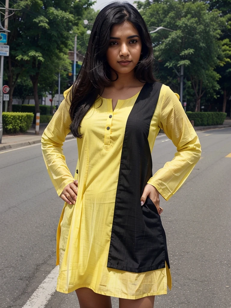A indian gril black hair drees yellow kurta att siting road