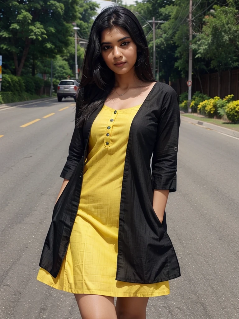 A indian gril black hair drees yellow kurta att siting road