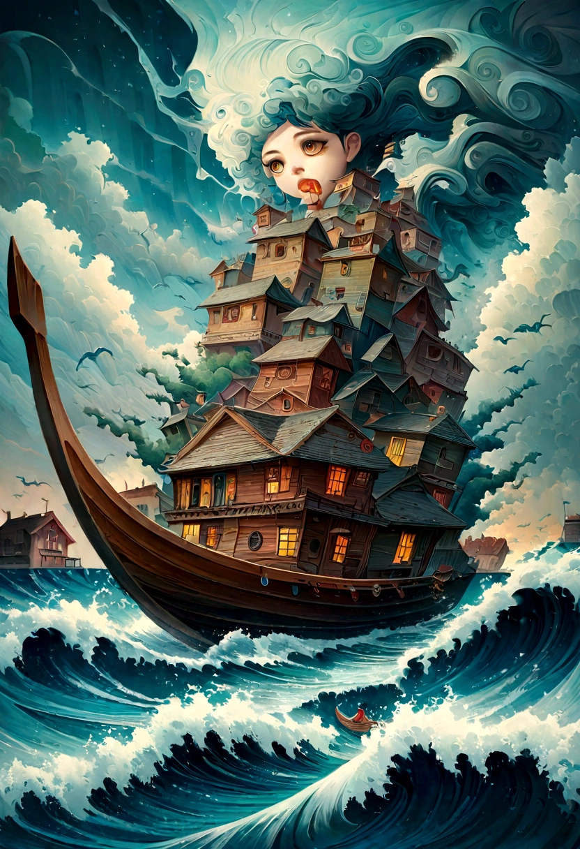 A painting of a man rowing a boat in the ocean with lightning coming out of his mouth.., The sea and storm were behind him., miraculous artwork, Surreal digital art, miraculous, Surreal 8K Oil Painting., sea storm, Surreal art, Surreal artและแฟนตาซี, surreal painting, ocean storm