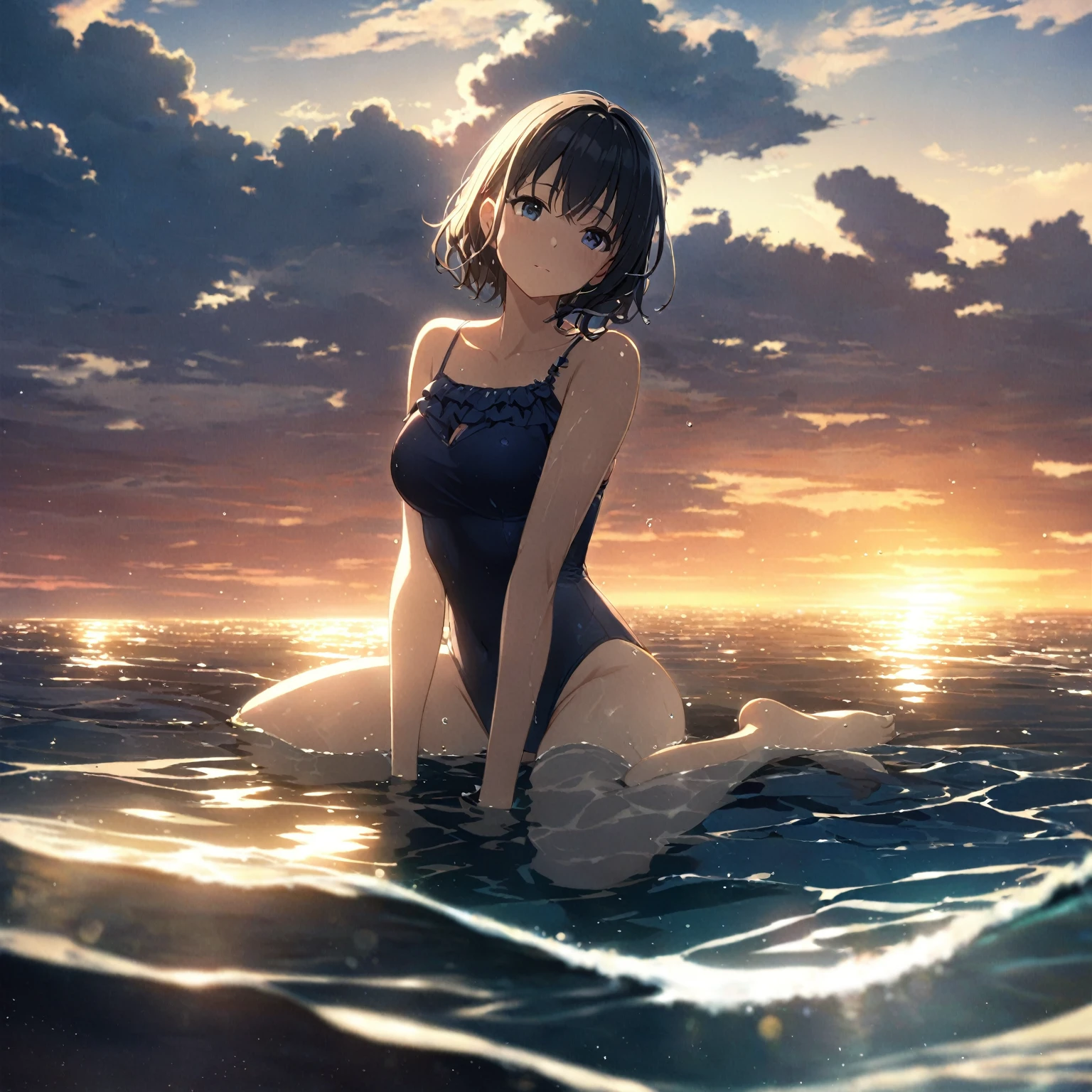 1girl、Black Hair、Navy blue swimsuit、Ocean、Oceanに浸かる、In the water、evening、Reflection on the water、透明なOcean、deep faint light 、 detailed CG、high resolution