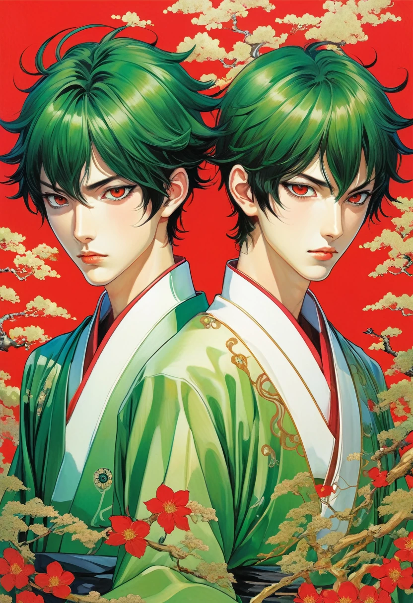 Anime art of two young men with green eyes and red eyes, Japanese pop surrealism, author:Yukika Kosaka, Nguyen Gia and Joao Nguyen, Japanese art style, author:Nobutada Yanagawa, Japanese pop surrealism, Korean Art Nouveau Anime, author:Hironaka Harumi, Conjoined twins, Beautiful sci-fi twins