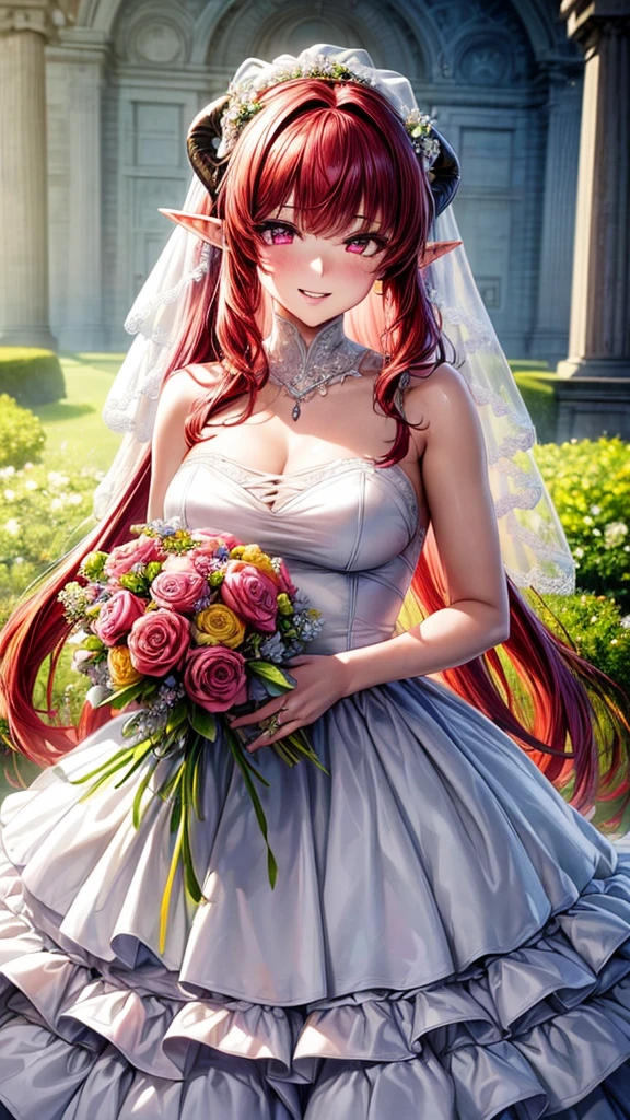 (masterpiece, top quality, best quality, official art, beautiful and aesthetic:1.2), (1girl:1.3), extremely detailed, official artstyle, highest detailed, parted lips,wallpaper, pink eyes, long hair, beautiful red hair, ponytail hairstyle, elf ears, horns, black horns, bangs, (happiness, beautiful smile, happy expression, happy face), medium breast, ((Wedding dress, chies, Bridal veil, Wedding, Bouquet)),(cowboy shot), holding a flower, cowboy shot