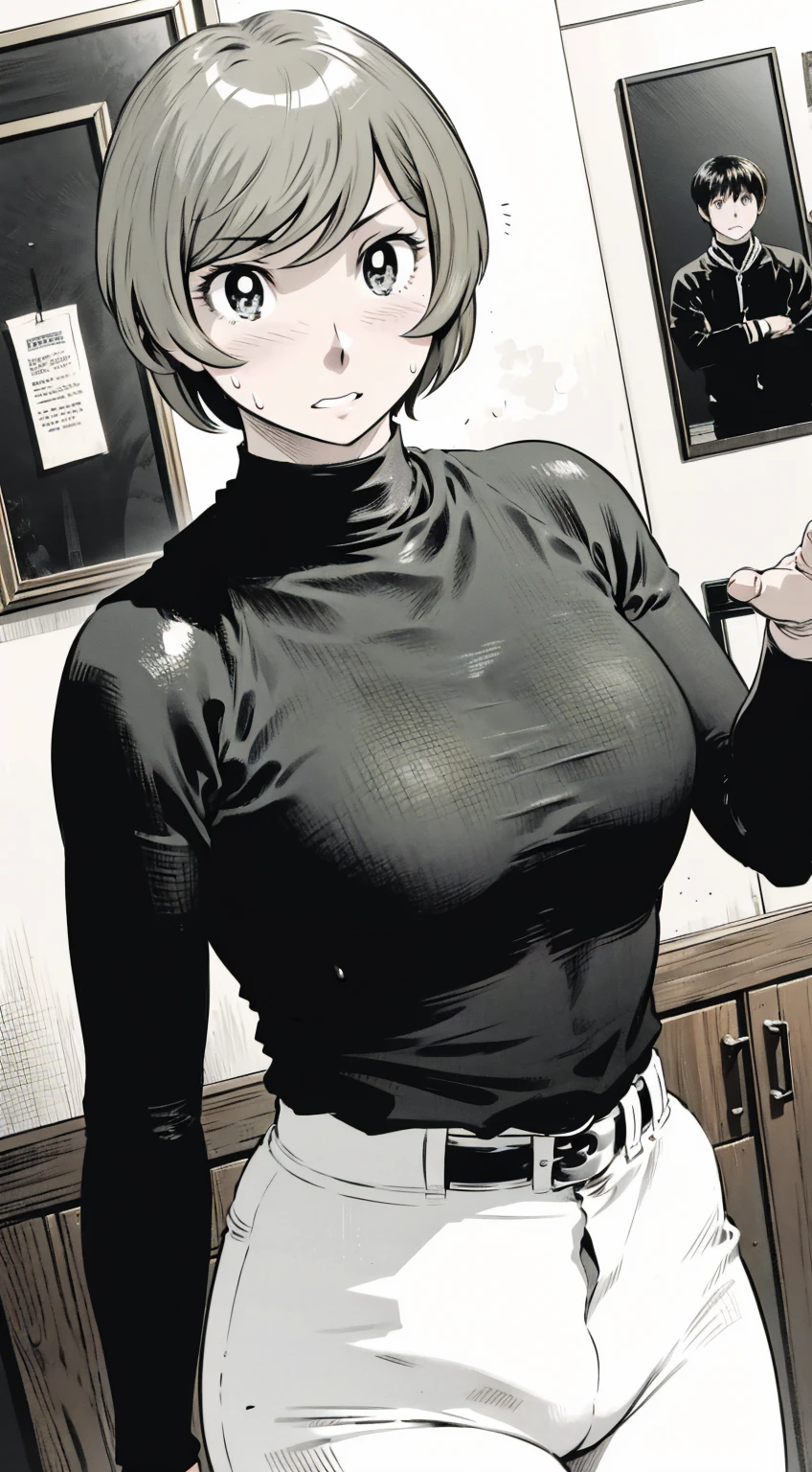 、(masterpiece、Highest quality)、Highest quality, Ultra-high resolution, (((masterpiece))), alone, Sweat、Big eyes,Tight black shirt、Tight white pants、belt、indoor、Composition from the front、(Cut the back hair short、short hair、blonde、woman)、Shortcuts、Embarrassed face、Cut your hair short、可愛いwomanの子、Big Breasts、Inside the room、Full Color、Baseball uniform
