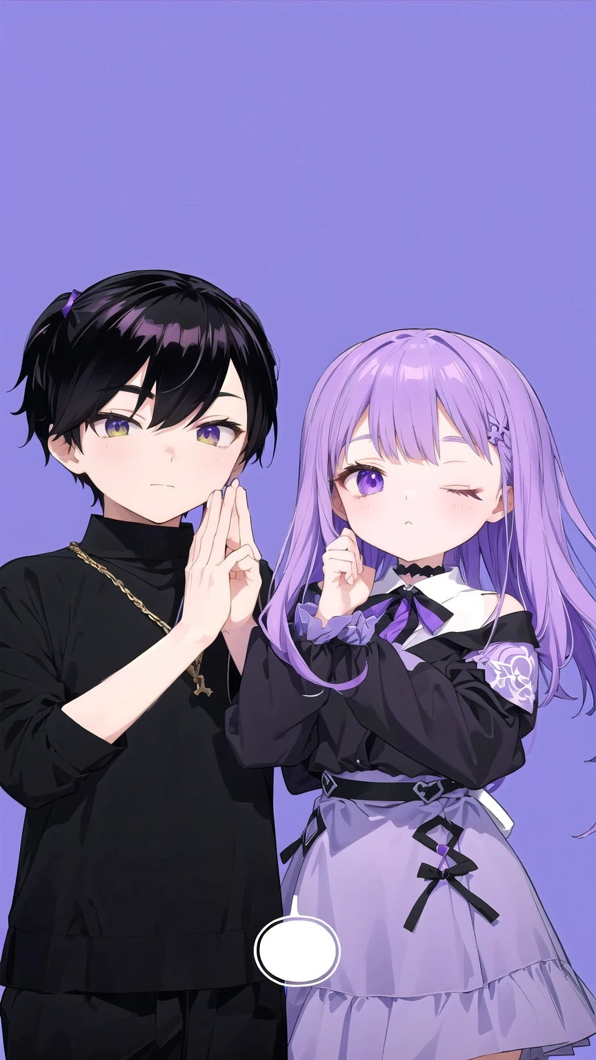 anime couple with purple hair and black clothes standing next to each other, stylized anime, anime style. 8k, anime moe artstyle, hidari and vlop, made with anime painter studio, anime stylized, violet and black, :14 80s anime style, anime styled 3d, flat anime style, in anime style, ig studios anime style