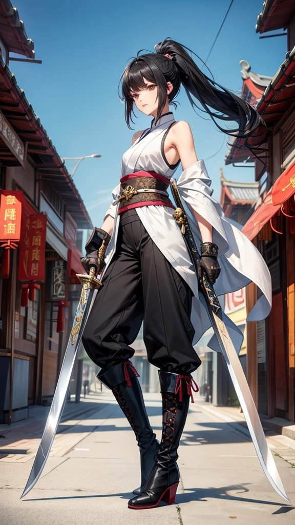 Beauty with black hair and long ponytail，Bare arms，Sleeveless kimono，trousers，boots，Long sword，Chinese cities