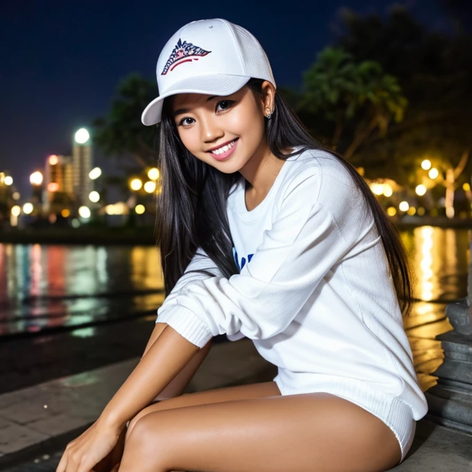  pretty girl, smile, White teeth, Long hair, Indonesian ethnicity, Jakarta, medium build, sweater, white t-shirt, mini year, white panties, hat, Sit down, Park, the night, gripping, 