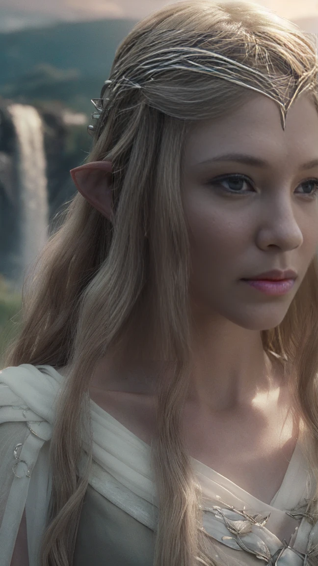 Galadriel elf, blonde wavy very long hair, cinematic, with Rivendale in the background